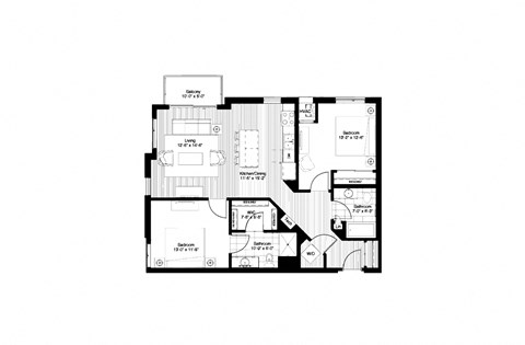Floor plan for 2 beds, 2 baths, 1075 sqft
